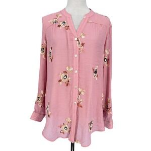 Fig and Flower Pink Embroidered Floral Gauze Like Boho Tunic Top Womens Large